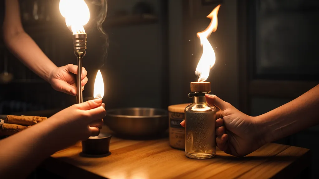 Soplete encendiendo astillas de madera para ahumar un cóctel