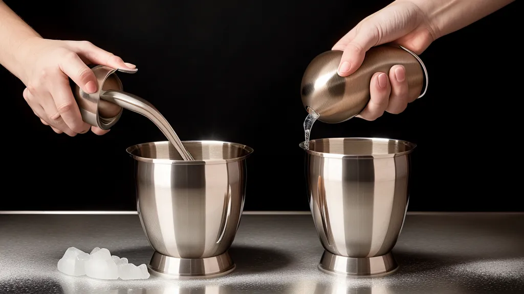 Jigger de acero y vaso mezclador con hielo en una barra de garaje.