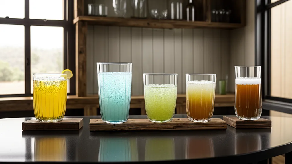 Tres tipos de cristalería básica para coctelería clásica sobre barra de madera.