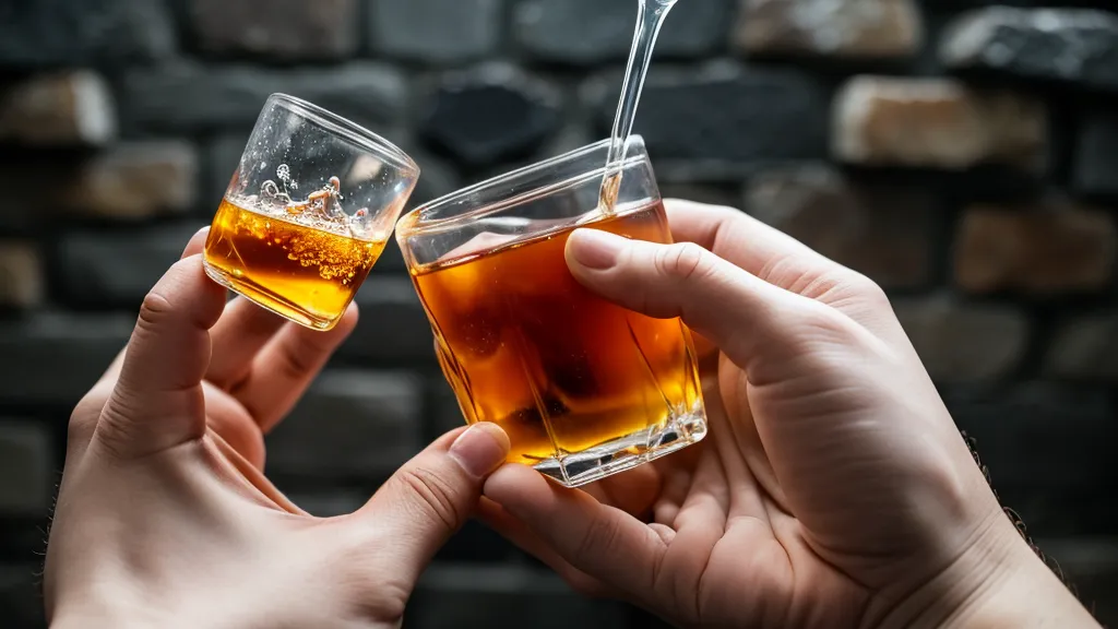Mano de bartender sirviendo jarabe casero sobre hielo denso para un cóctel tipo Sour en gestión de eventos pequeños