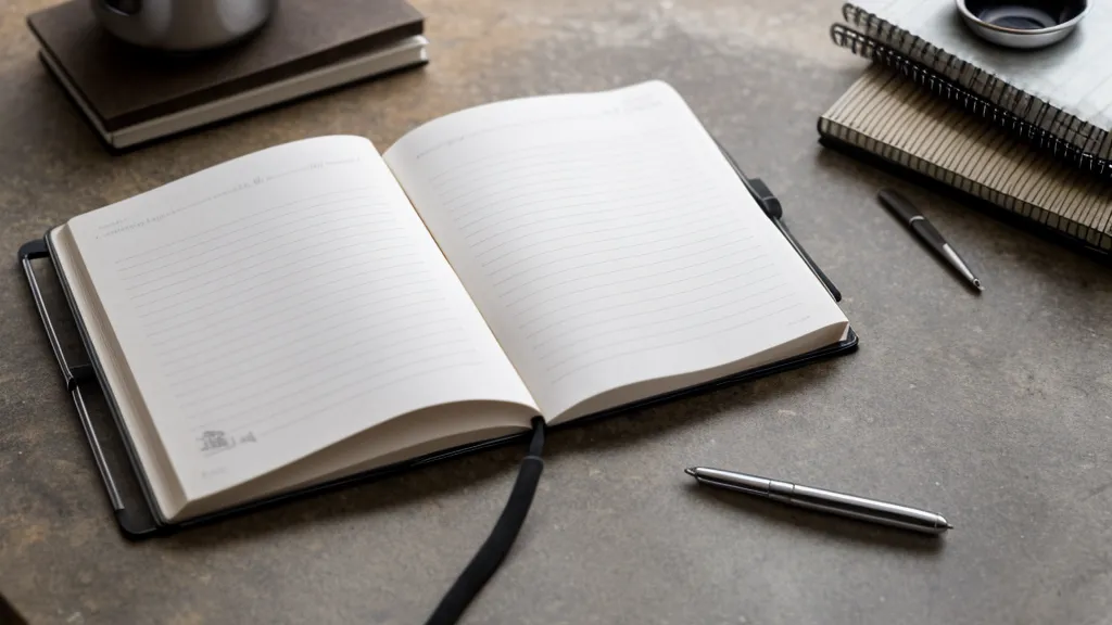 Libreta de inventario con cálculos de coctelería y un jigger de medida estándar.