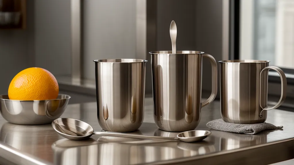 Herramientas de coctelería jigger y cuchara sobre mesa de trabajo en garaje