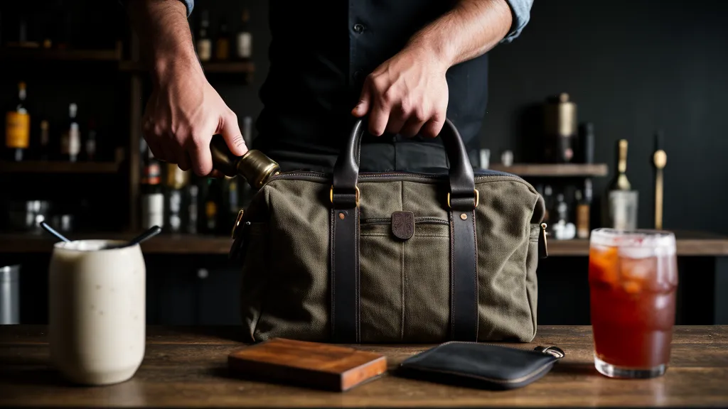 Bartender cerrando su maletín de herramientas frente a una laptop con un curso online