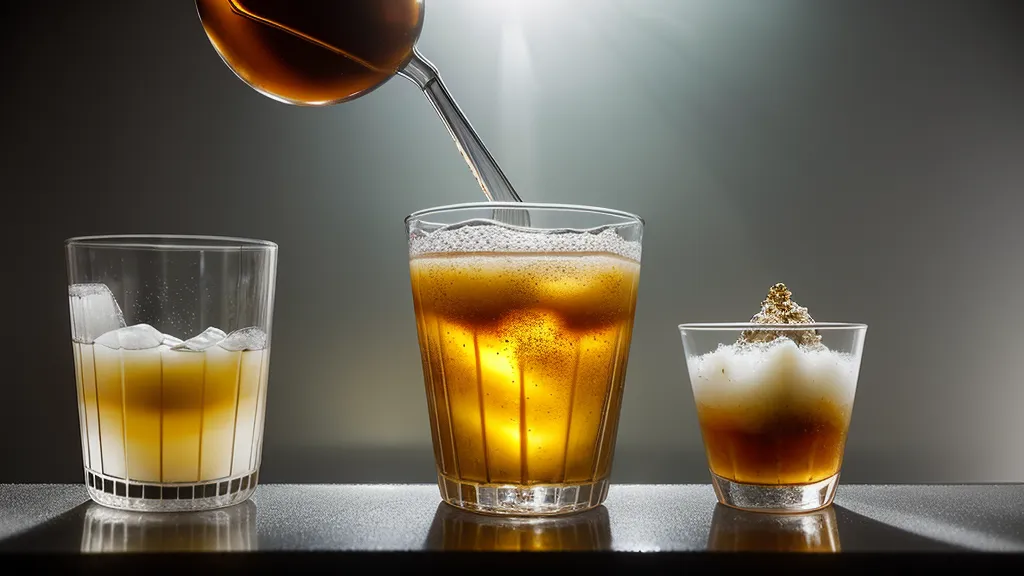 Vaso mezclador con hielo cristalino preparándose para un cóctel refrescado.