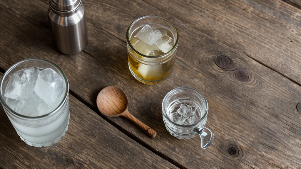 Herramientas de medición de bartender: jigger y cuchara de bar sobre mesa de madera.