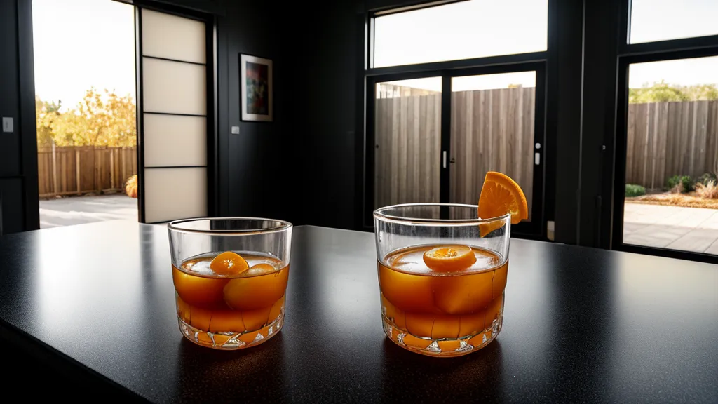 Vaso de cóctel y piel de naranja sobre tapete de barra en un garaje emprendedor.