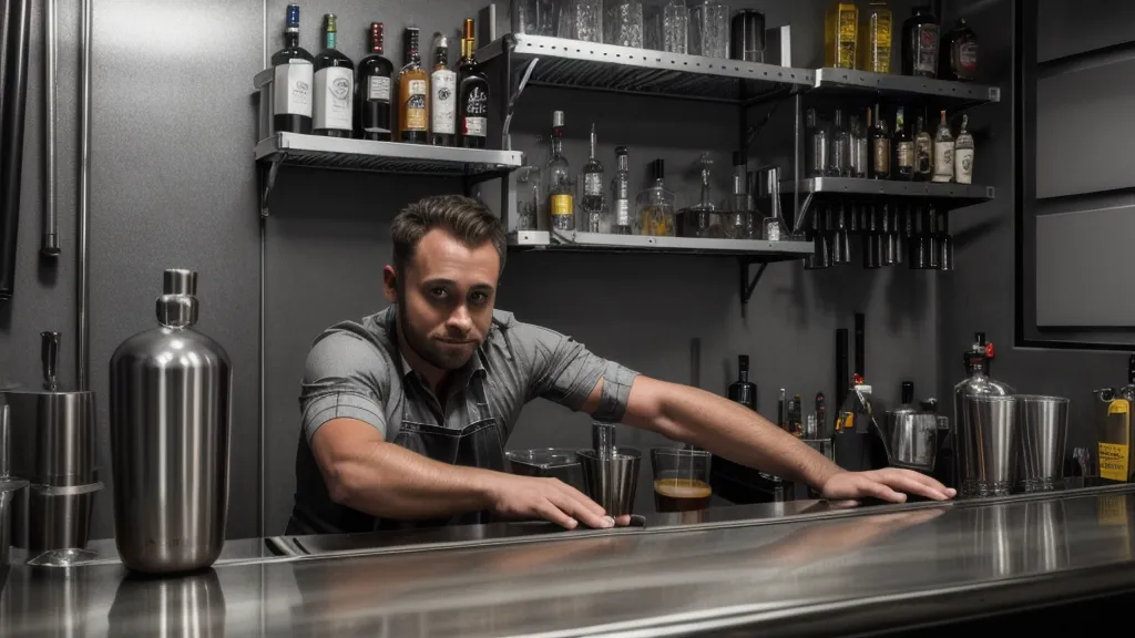 Estación de bar organizada con tapete de goma y herramientas propias de la formación bartender y el mantenimiento de barra